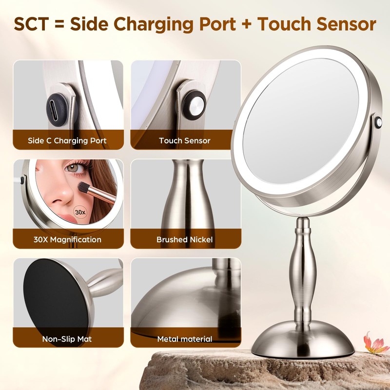 Makeup Mirror with Light, 30x Magnifying Mirror with 3 Lights