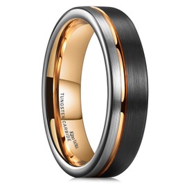 King Will LOOP Tungsten Carbide Wedding Band 6mm Rose Gold Line Ring Black and Silver Brushed Comfort Fit 14