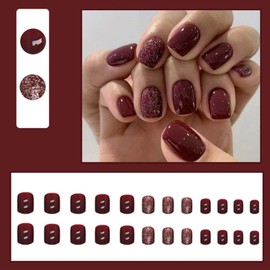 YoYoee Press on Nails -Square Fake Nails Short False Nails Burgundy Tips Solid Color Nail for Women and Girls 24Pcs