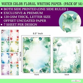 Parth Impex 56 hojas de papel de escritura con líneas florales acuarela 8.5x11 - Papel de papelería rayado de carta con membrete para impresora - Pape