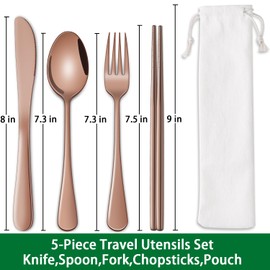 Travel Silverware Set Rose Gold Camping Picnic Utensils Set With Case Includes Knife Spoon Fork Chopsticks,Office Work Lunch Personal Flatware Set