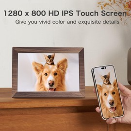 Digital Picture Frame, Frameo WiFi 10.1 Inch 1280 * 800IPS Touch Screen Digital Photo Frame, 32GB Memory, Auto-Rotate, Share Videos Pictures, Birthday Gift for Friend, Family, Wood Color Plastic Frame