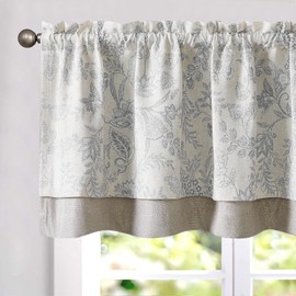 TOPICK Floral Kitchen Curtains Blackout Valance Botanic Patterns 18 Inch Double Layer Cafe Curtains Farmhouse Overlay Kitchen Valance for Small Window Rod Pocket 1 Panel Grey on Beige