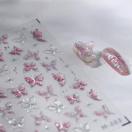 Red Butterfly 5D Embossed Nail Art Stickers Spring Summer Nail Decals Hot Silver Butterflies Nail Stickers Self Adhesive Glitter Star Nail Design Stickers for Women Spring Summer Nail Art Supplies