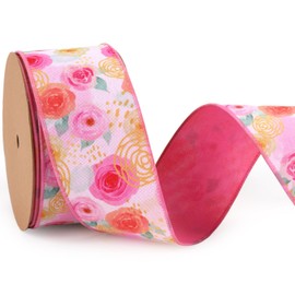 LaRibbons Hot Pink Floral Wired Ribbon Reversible, 2.5 Inch x 12 Yards Rose Flower Burlap Ribbon for Spring Easter Summer Mother Day Crafts Gift Wrapping Wreath Bow Decoration