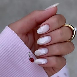 KQueenest White Chrome Press On Nails Short Oval, Sparkly Glitter Fake Nails With Glue, Chrome Short Nails Press ons, Glazed Bling Finish, Reusable Glue on Nails for Women Wedding in 24 Pcs