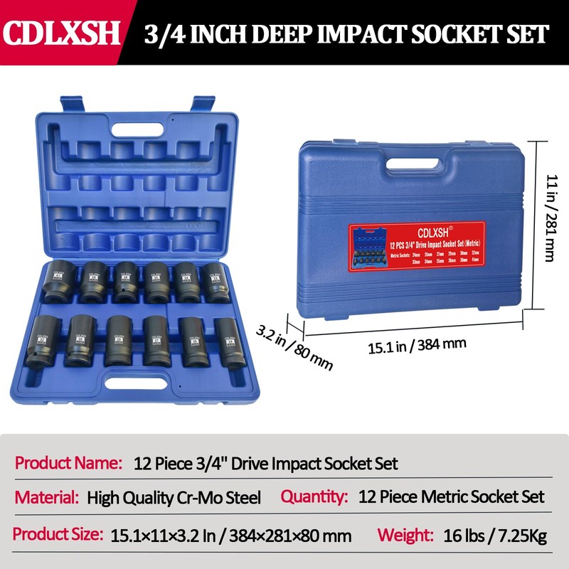 CDLXSH 3/4 Inch Drive Impact Socket Set, 12 Pcs Metric