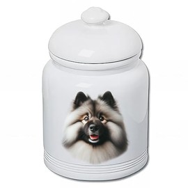 Best of Breed Keeshond Dog and Cat Ceramic Treat Jar 9" Tall Air Tight Seal All White