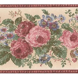 Concord Wallcoverings Wallpaper Border Floral Pattern Flowers Bouquet for Living Room Bedroom Cottage, Red Pink Beige, 15 ft by 7 in WD76831