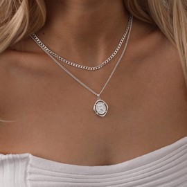 Ascona M Silver Plated Initial Layered Necklaces for Women, Dainty Simple Trendy Multi Layered Layering Letter Alphabet Pendant Stacked Chain Necklace