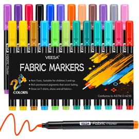 VEESA 24 Colors Fabric Markers, Permanent Fabric Paint Marker for Clothes, Fine Point Textile Marker Pen for T-Shirt Shoes, Non-Toxic & Kid Safe