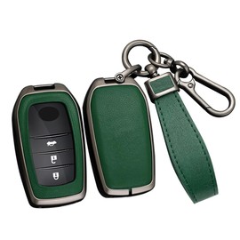 ontto Metal Car Key fob Cover Fit for Toyota RAV4 Highland Corolla Hilux Fortuner Land Cruiser Camry Crown 2/3/4/5/6 Buttons Leather Key case Shell Key Holder Keyring Keychain Accessories Black-Green