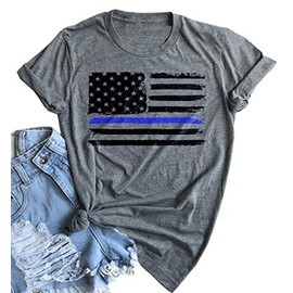 MEETSKY Thin Blue Line American Flag Shirt Women Patriotic Shirt Distressed Stars Stripes Graphic 4th of July Tshirt USA Flag Tops (Large, Light Grey)