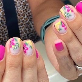 24Pcs Short Press on Nails Square Red Flower Fake Nails CEWEWP Press on Nails French Tip Nails Full Cover False Nails with Yellow Flowers Designs Stick on Nails Acrylic Nail Kit Art for Women