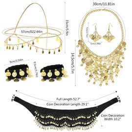 SHOWHEEL Women's Belly Dance Accessories, Belly Dance Hip Scarf with Gold Coins, Earrings, Necklace, Bracelets and Headpiece, Jewellery Set, Belly Dance, Belly Dance Costume for Carnival, Theme Party,