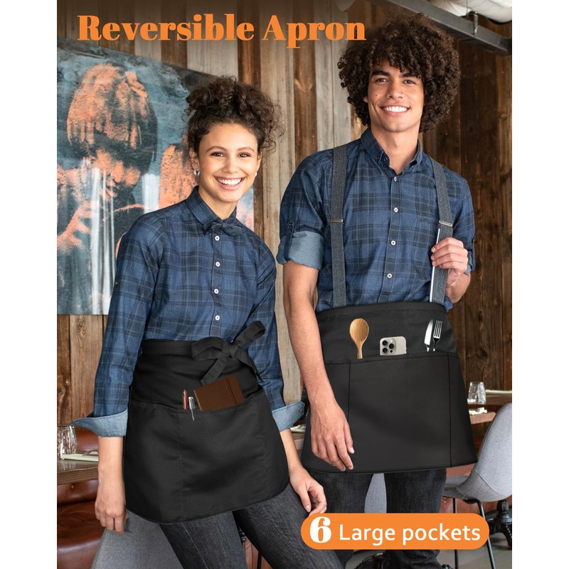 Slohif Reversible Server Apron with 6 Pockets - Waist Apron