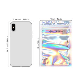 SumDirect 100Pcs Resealable Smell Proof Bags, Holographic Rainbow Color Mylar Bags, Can ​Heat Sealable Foil Zipper Pouch with Hang Hole for Party Favor Food Storage, Candy Packaging (4x6 inch)