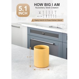 Nucookery Utensil Holder, 6.4" Ceramic Kitchen Utensil Holder for Countertop with Protection Cork Bottom, Vintage Farmhouse Kitchen Decor for Counter (Yellow Sand)