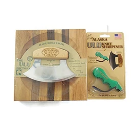 Ulu Knife Alaska Cutlery And Chopping Bowl Set Bundle With Ulu Knife Sharpener, This Ulu Knife Can Be Used As Mezzaluna Chopper, Bolo Rolling Knife And Chopped Salad Tool.