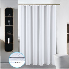 72 x 84 Washable Shower Curtain Liner Bathroom Water Repellent Fabric Cloth Polyester (Best Hotel Quality Friendly) with Curved Plastic Hooks Set - Extra Long, Pure White