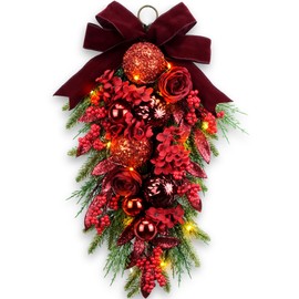 24" Decorative Teardrop Swag, Artificial Christmas Swag with Red Hydrangea & Baubles, Purple Bowknot, Red Berries, Sparkling Leaves, Pine Needles