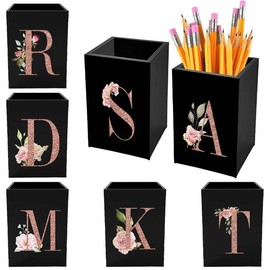 Flower & Letter Pattern Pencil Holder, 1 Box Acrylic Pencil Pen Holder, Makeup Brush Storage Organizer, Desk Accessories Holder, Office Supplies:_Black_P