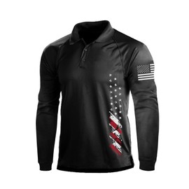 H HYFOL Long Sleeve Polo Shirts for Men Graphic Stretch Casual American Patriotic Raglan Golf Polos for Men(Black,XXL)