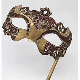 LADIES SPARKLING BROWN AND GOLD RIALTO VENETIAN MASQUERADE CARNIVAL PARTY EYE HAND HELD MASK ON A STICK