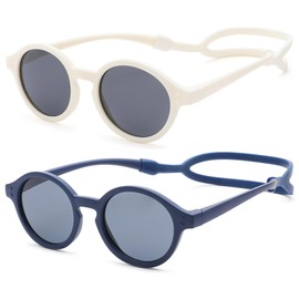 GLARDEFE Polarized Baby Sunglasses with Strap - Unbreakable Infant Sunglasses for Newborn Toddler Boys Girls Age 0-24 Months(Matte White/Grey + Matte Dark Blue/Grey)
