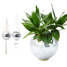 FGBNM Disco Ball Planter, 8" Silver Disco Ball Planter, Disco Ball Plant Hanger with Hanging Rope, Hanging Chain, Hook, Circle and Extra Mirror Pieces (8" Silver, 1pcs)