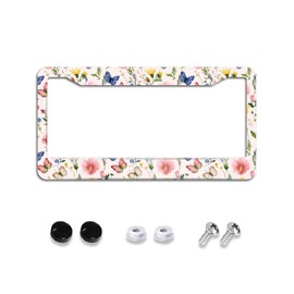 Watercolor Wildflowers License Plate Frame Floral Butterflies License Plate Frames Aluminum Car Accessories Cover with 2 Holes and Screws 12 x 6 Inch for Front Rear Car Plate Decor for Women Men