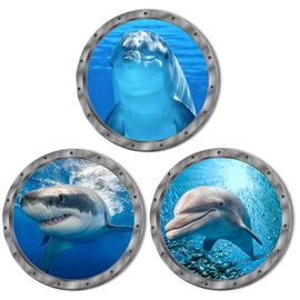 Ocean Animals World Under Sea Decor Includ Dolphins Sharks 3 Pcs Removable 3D Peel and Stick Vinyl Stickers for Bathroom,Wall Decor,Wall Stickers,Bedroom,Furniture
