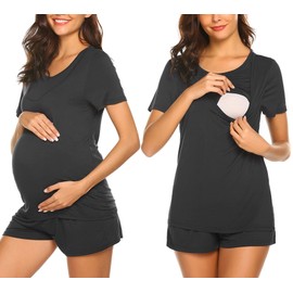 Ekouaer Maternity Pajamas for Hospital Set Short Sleeve Nursing Pajamas Breastfeeding Pregnancy Sleepwear Black S
