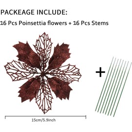 Wironlst 16 Pcs Glitter Poinsettia Flowers Artificial - Christmas Gold Poinsettia Decorations Tree Flowers Ornaments for Xmas/Holiday/Seasonal/Wedding Decor (Brown)