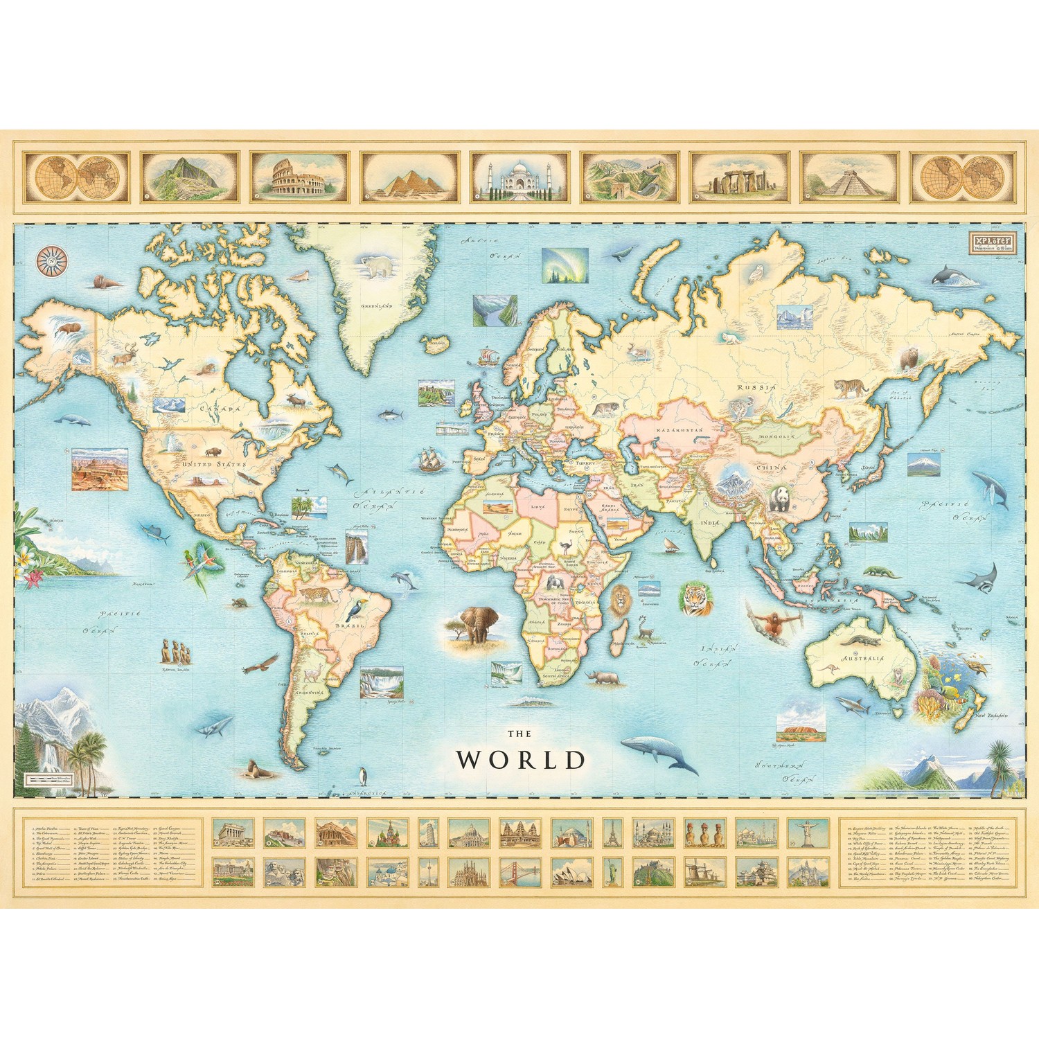 Xplorer Maps World Hand-Drawn Map – 24x18 Vintage-Style Lithographic ...