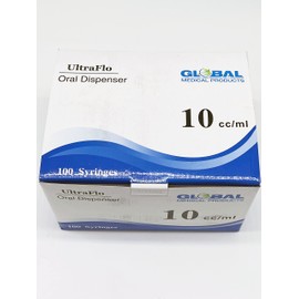 10ML UltraFlo Oral Syringe with Cap - Sterile - Eccentric Tip - 2 Teaspoon - 10cc O-Ring Plunger Rod - QTY 100