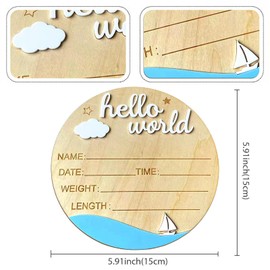 Baby Announcement Sign, 5.9 Inch Wooden Hello World Newborn Signs, Birth Announcement Sign and Pen, Clouds and Sailboats Decoration, Welcome Newborn Arrival to World, Hospital Nursery for baby (white)