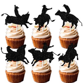 18pcs Black Glitter Cow Cowboy Dessert Cupcake Topper Silhouettes Country Western Bull Riding Competition Theme Decor Supplies Baby Shower Boy Girl Happy Birthday Decorations