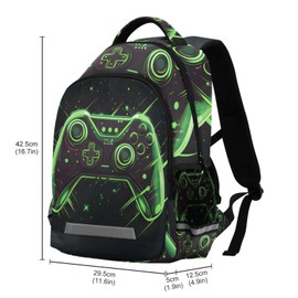 Joystick Gamepad Green Backpack 3rd 4th 5th Grade School Bookbags Travel Laptop Daypack Bag for Boys Girls