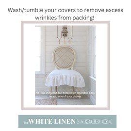 Linen Seat Cover for Dining Chair, Ruffled on 4 Sides, Regular Size with Pocket Back to Insert a Pillow (Large 20" x 18", White)