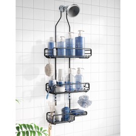 Shower Caddy Hanging Bathroom Organizer: Over Head Adjustable Rack for Tall Showerhead - Extra Large Storage Shelf for Big Shampoo Bottles with Soap Holder