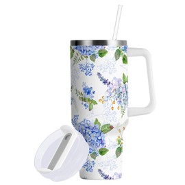 40 oz Tumbler with Straw & Handle - 2 in 1 Lids Leak Proof Tumblers - Large Insulated Stainless Steel Cup - BPA-Free Water Bottle Travel Metal Mug for Women Man, Blue Purple Hydrangea Lilac Floral