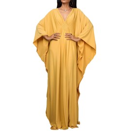 LikeJump Women's Boho Kimono Long Kaftan Dress Beach Dresses Cardigan Pareo Bikini Cover Ups, Yellow