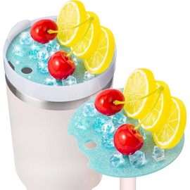 Haooryx Lemon Cocktail Cup Topper Decoration - Summer Lemon Cherry Crystals Lid Plate Topper Sport Cup 40oz Accessory Cover Cap for Tumbler Water Bottle Glitter Bling Decor Women Girls Birthday Gift
