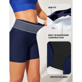 IUGA Womens Swim Shorts Tummy Control Swim Board Shorts UPF 50+ Quick Dry Swimsuits Bottoms for Women with Pockets Navy Blue