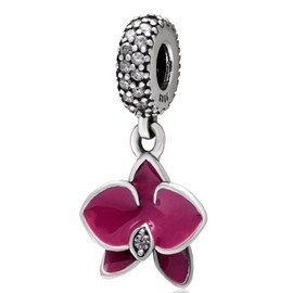 SOUKISS Fushcia Orchid Charms 925 Sterling Silver Charms with Cz Stone and Enamel for European Charms Bracelet