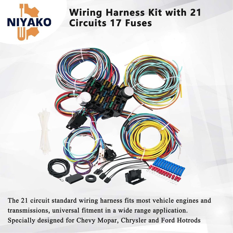 Niyako Universal 21 Circuit Wiring Harness Kit, Extra Long Wire
