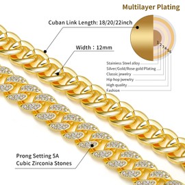 MOFEIJEWEL Miami Cuban Link Chain Necklace Bling CZ Diamonds Chain Iced Out Hip Hop Jewelry Gifts for Men Women Gold Silver (22 inch, Gold)