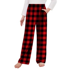 Arshiner Pajama Pants for Girls Long Sleep Plaid Pants Soft Lounge Pj Bottoms with Pockets Plaid-Red Black 10-11 Years