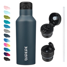 BJPKPK Insulated Water Bottle With Straw 17oz Stainless Steel Water Bottles With 2 Lids And Carry Handle Reusable Travel Metal Thermos,Navy Blue